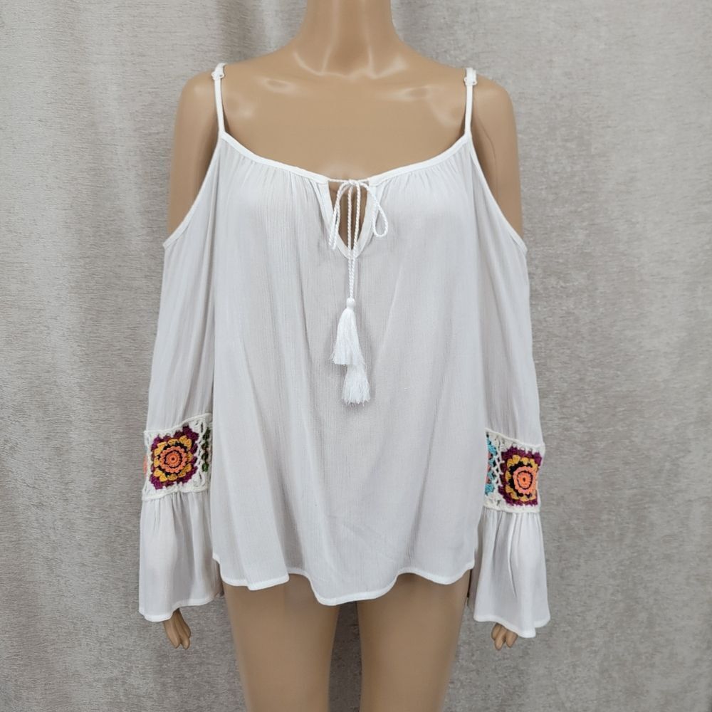 The Line Of Style White Bohemian Flowy Cold Shoulder Top with Colorful Chrochet
